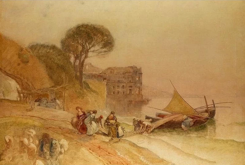 Pescatori a riva con Palazzo Donn'Anna sullo sfondo